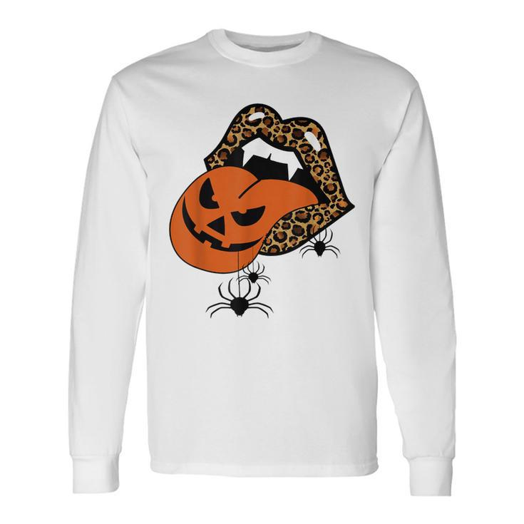 Pumpkin Tongue Out Vampire Leopard Lips Spider Halloween Long Sleeve T-Shirt