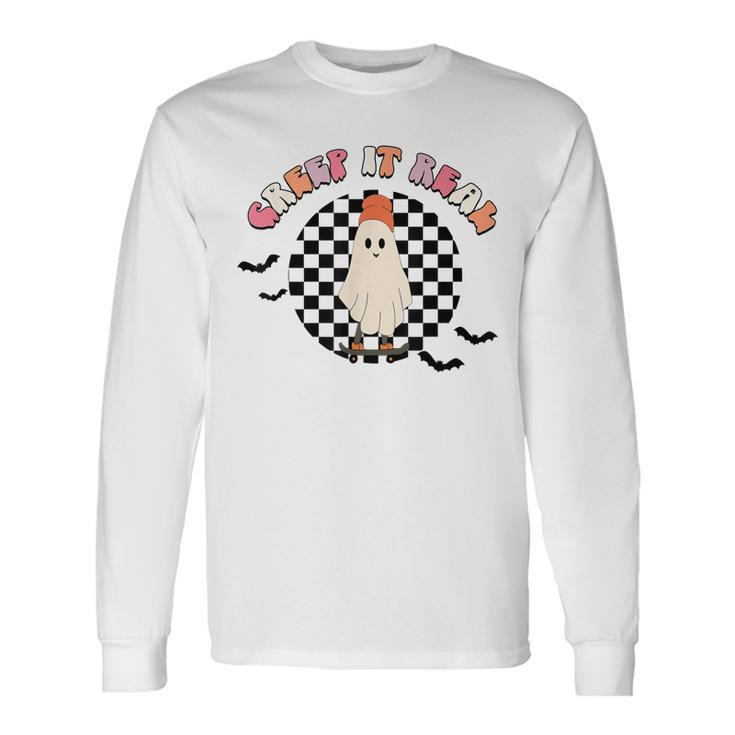 Retro Checkered Creep It Real Ghost Skater Halloween Long Sleeve T-Shirt