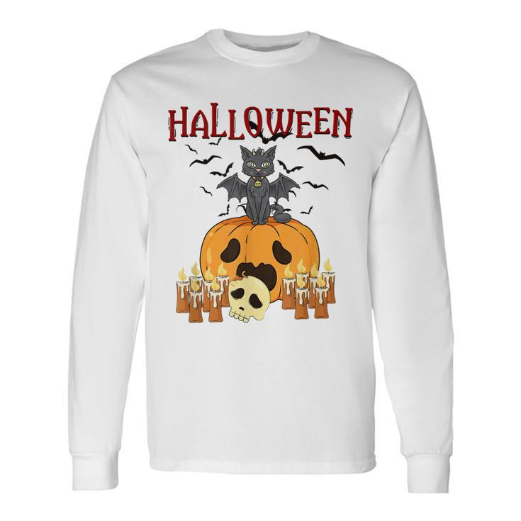 Scary Pumpkin And Vampire Bat Cat Halloween Trick Or Treat Long Sleeve T-Shirt