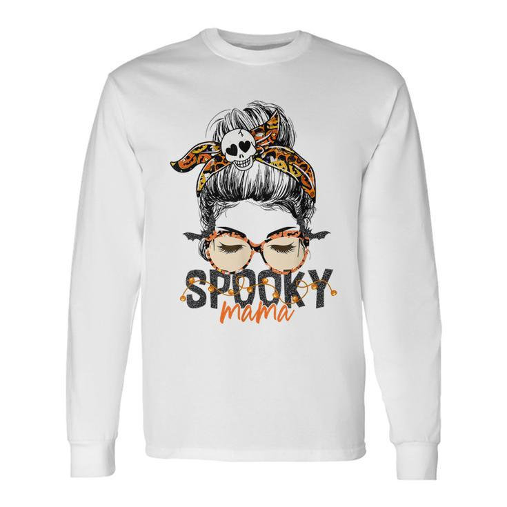 Spooky Mama Halloween Costume Skull Mom Leopard Messy Bun Long Sleeve T-Shirt