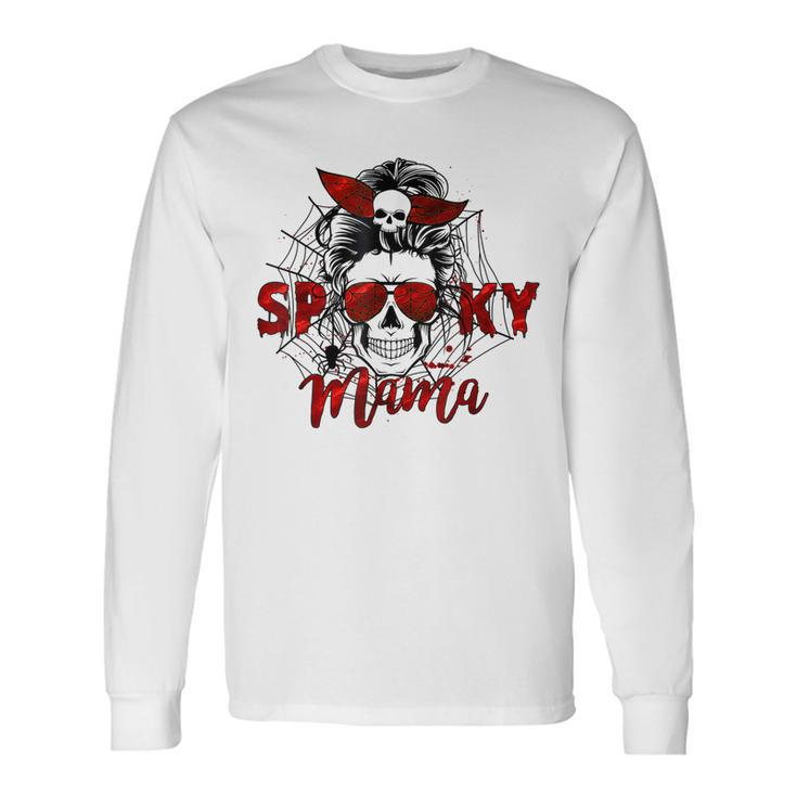 Spooky Mama Skull Witch Women Messy Bun Halloween Costume Long Sleeve T-Shirt