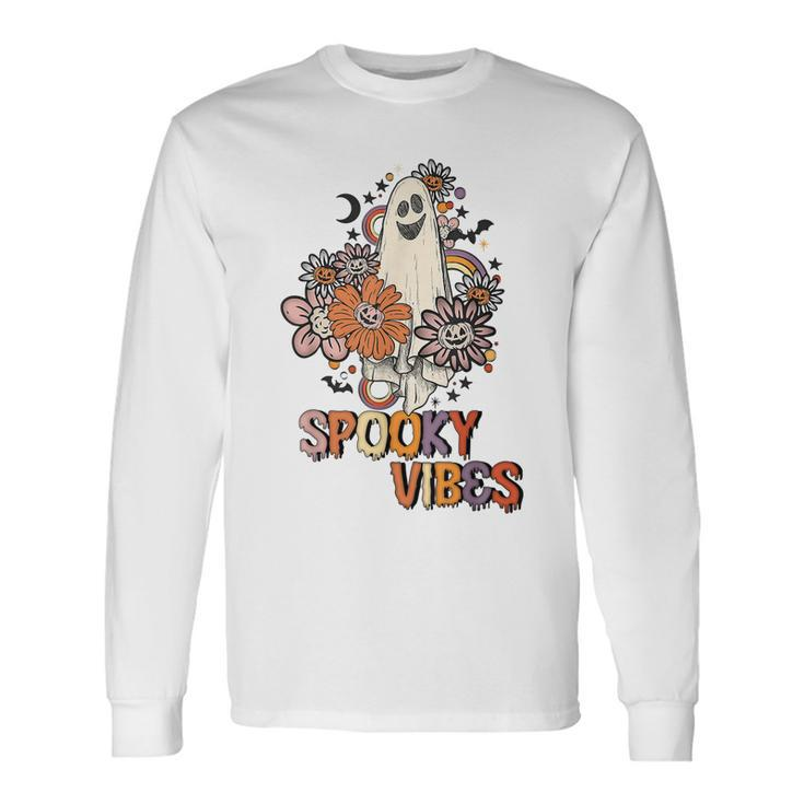 Spooky Vibes Rainbow Boo Pumpkin Flower Autumn Halloween Day Long Sleeve T-Shirt