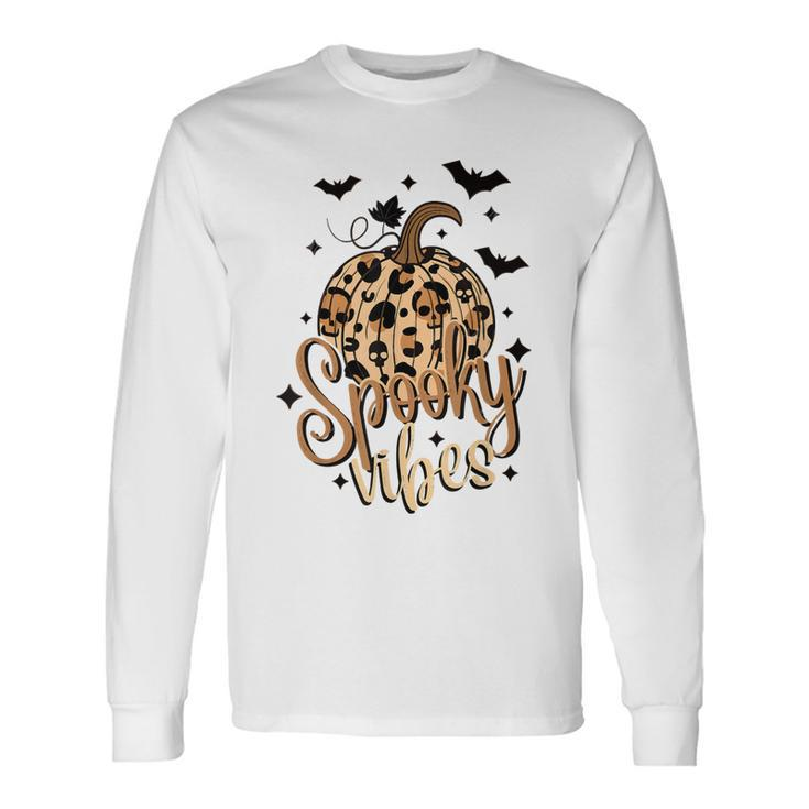 Spooky Vibes Skull Leopard Pumpkin Vintage Boho Halloween Long Sleeve T-Shirt