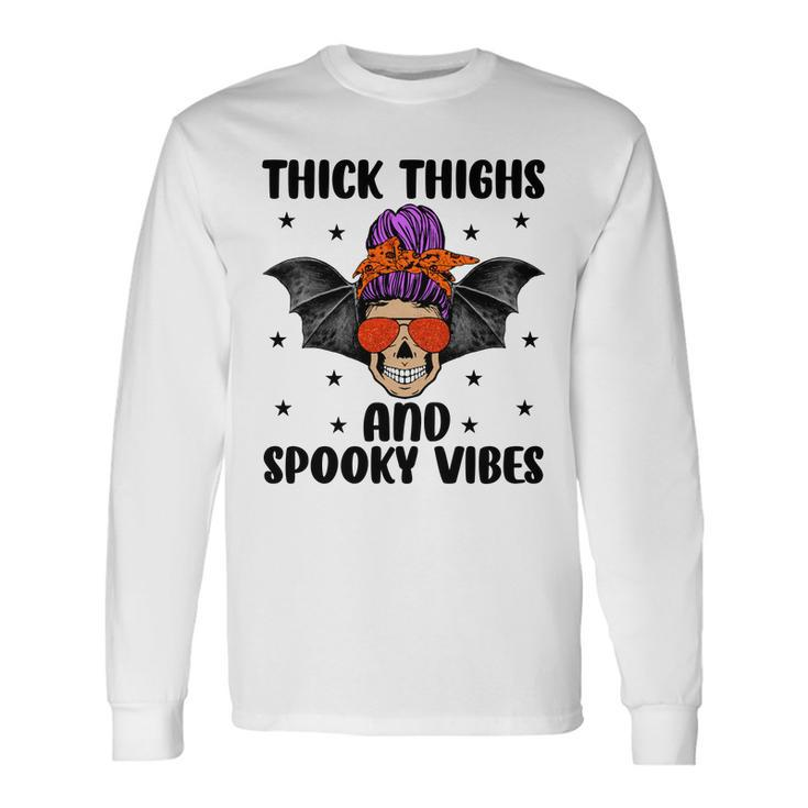 Thick Thights And Spooky Vibes Halloween Messy Bun Hair Long Sleeve T-Shirt Gifts ideas