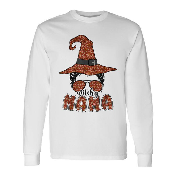 Witchy Mama Halloween Messy Bun Witch Mom Spooky Women Long Sleeve T-Shirt