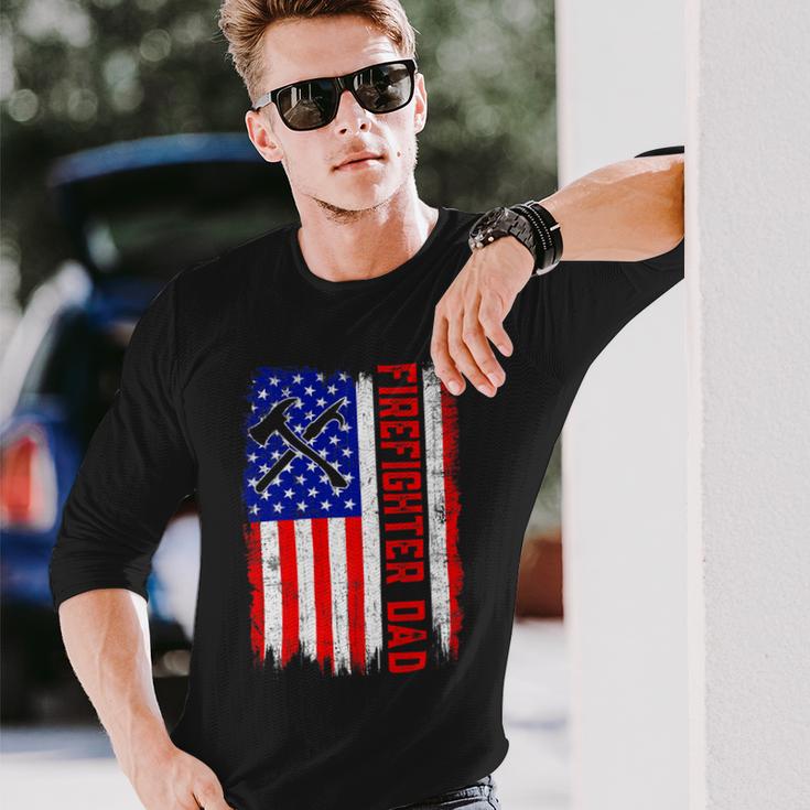 Firefighter Retro American Flag Firefighter Dad Jobs Fathers Day Unisex Long Sleeve