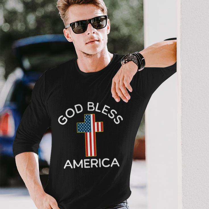 4Th Of July God Bless America Cross Flag Patriotic Religious Long Sleeve T-Shirt Gifts for Him