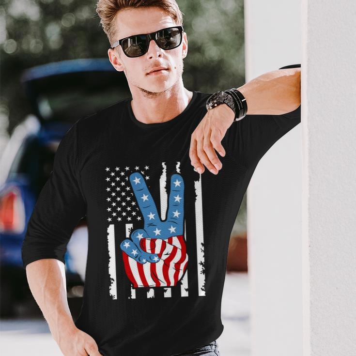 4Th Of July Peace Hand American Flag Long Sleeve T-Shirt Gifts for Him