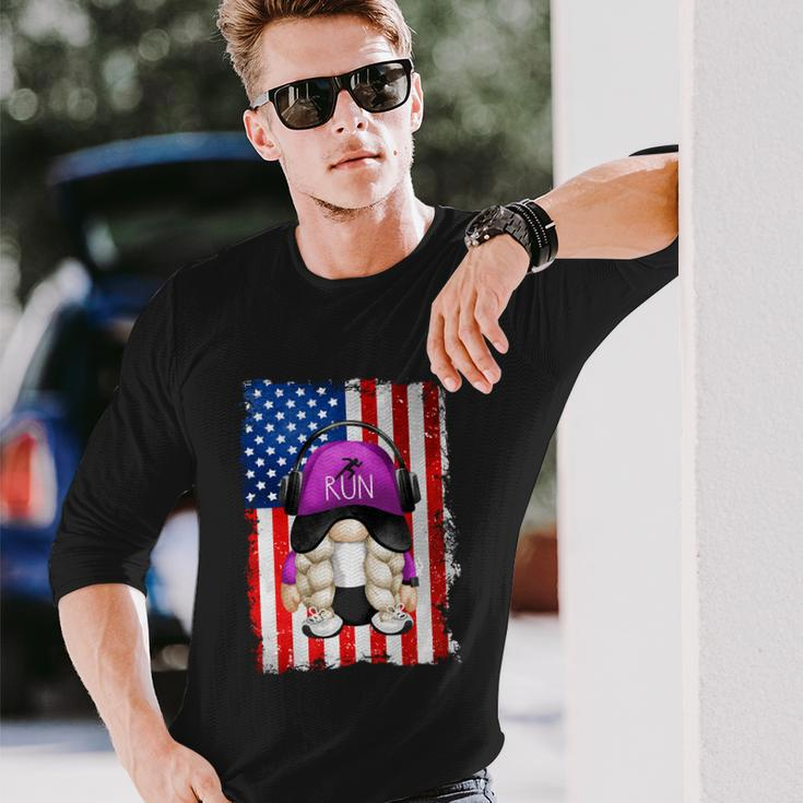 4Th Of July Running Gnome For Women Patriotic American Flag Long Sleeve T-Shirt Gifts for Him