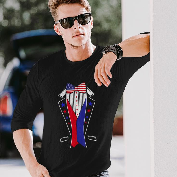 4Th Of July Tuxedo Costume Bow Tie American Flag Usa Long Sleeve T-Shirt Gifts for Him