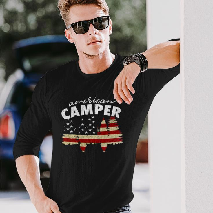American Camper US Flag Patriotic Camping Long Sleeve T-Shirt Gifts for Him