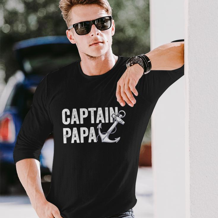 Captain Papa Pontoon Lake Sailor Fuuny Fishing Boating Long Sleeve T-Shirt Gifts for Him