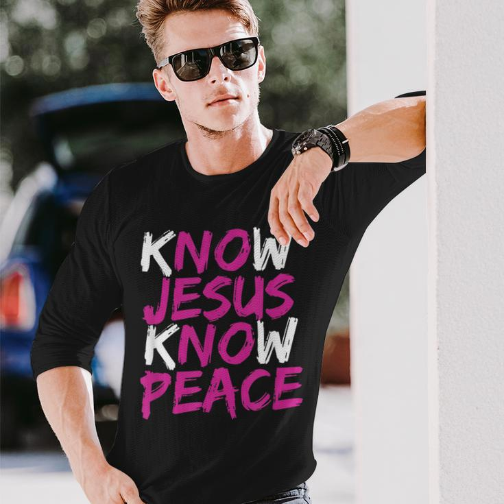 Christian Jesus Bible Verse Scripture Know Jesus Know Peace V3 Long Sleeve T-Shirt Gifts for Him
