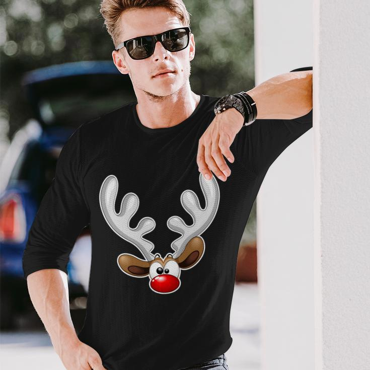 Christmas Red Nose Reindeer Face Long Sleeve T-Shirt Gifts for Him
