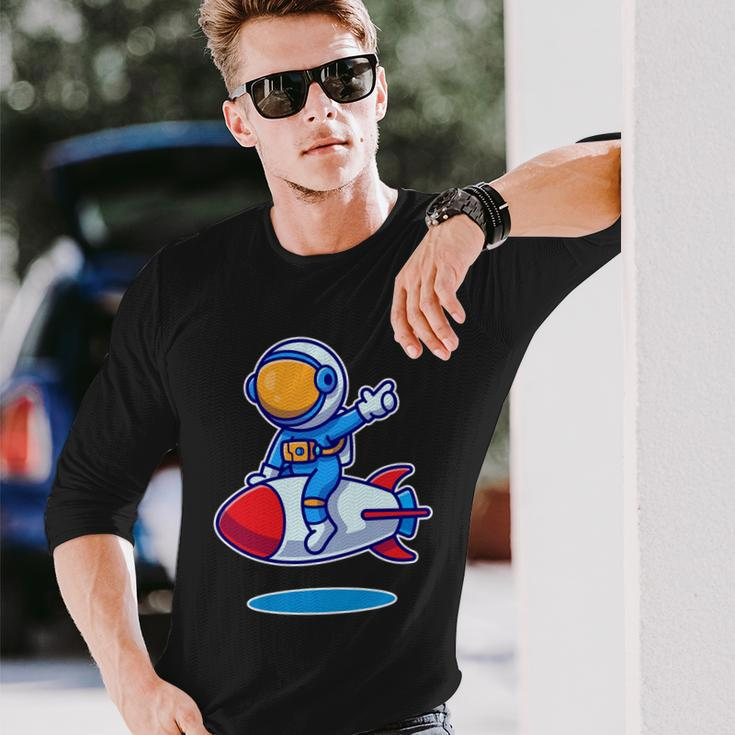 Cute Astronaut On Rocket Cartoon Long Sleeve T-Shirt Gifts for Him