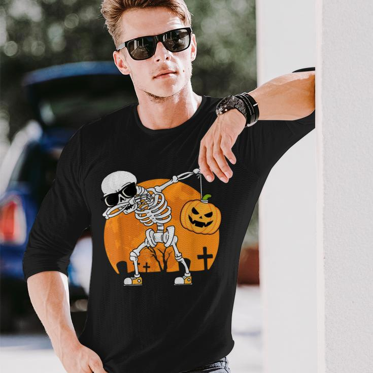 Dabbing Skeleton Halloween Pumpkin Skeleton Long Sleeve T-Shirt Gifts for Him