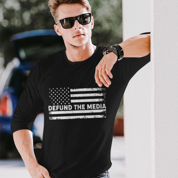 Distressed Defund The Media American Flag Tshirt Long Sleeve T-Shirt Gifts for Him