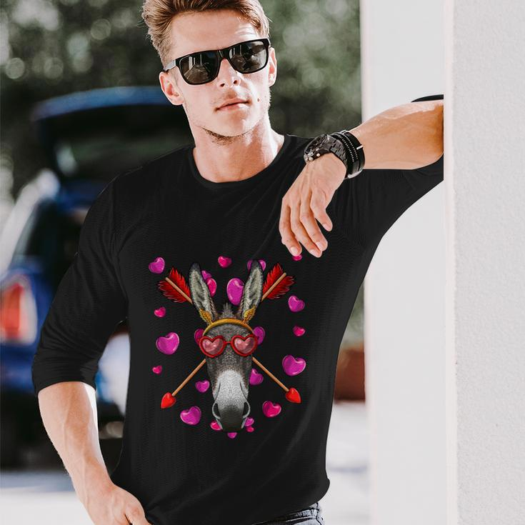 Donkey Valentines Day Animal Face Heart Glass Love Arrows Long Sleeve T-Shirt Gifts for Him