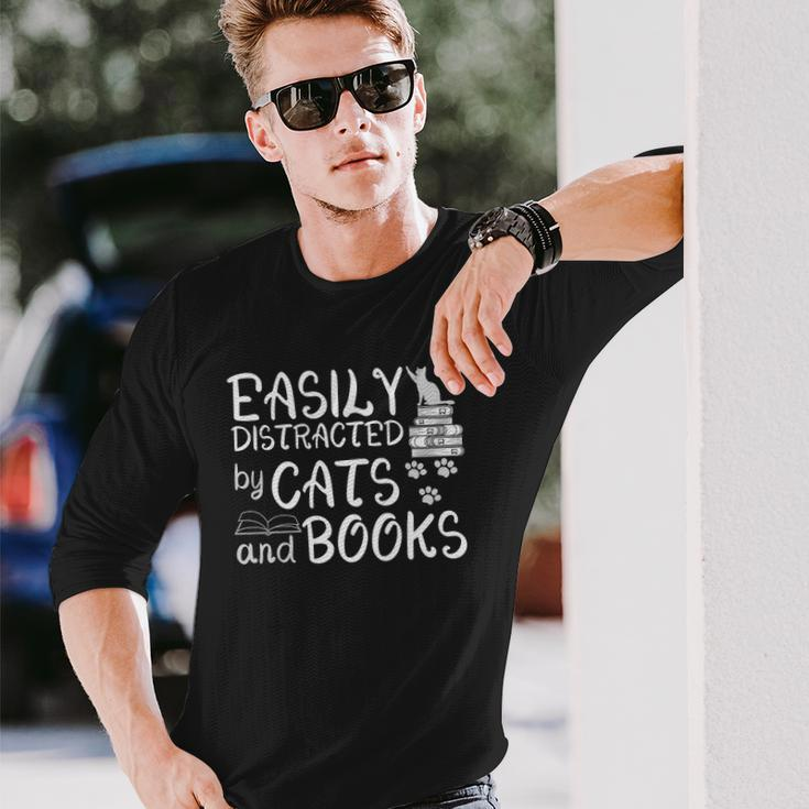Easily Distracted By Cats And Books Book Lover Long Sleeve T-Shirt T-Shirt Gifts for Him