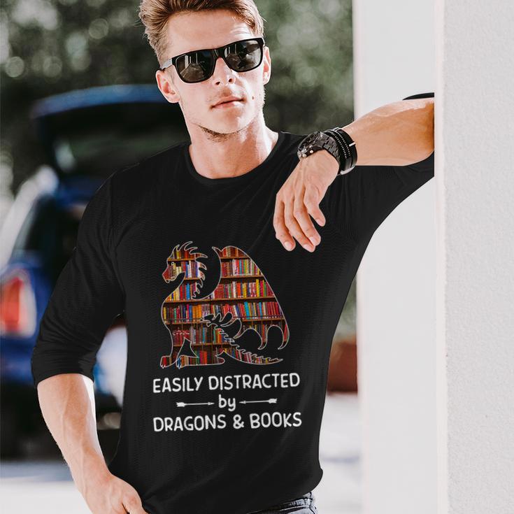 Easily Distracted By Dragon And Books Nerds Tshirt Long Sleeve T-Shirt Gifts for Him