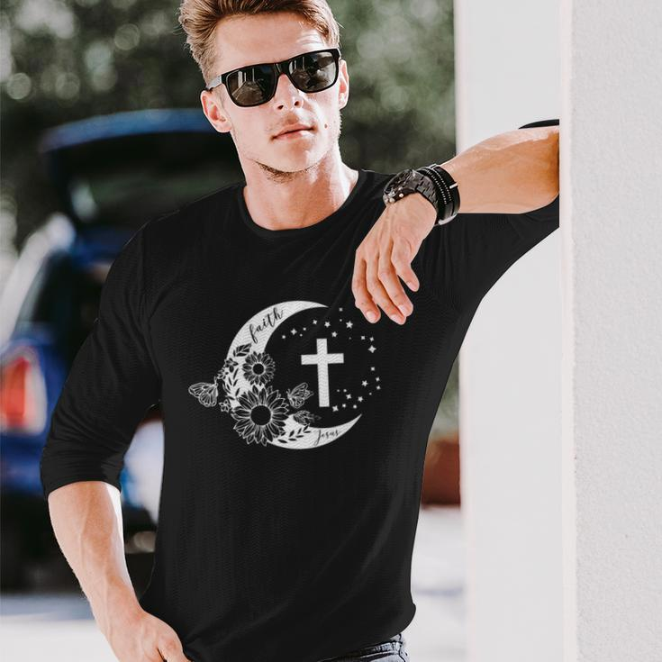 Faith Cross Crescent Moon With Sunflower Christian Religious Long Sleeve T-Shirt T-Shirt Gifts for Him