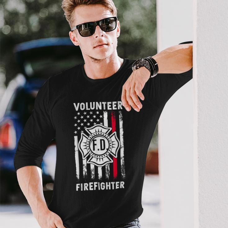 Firefighter Red Line Flag Fireman Wife Mom Volunteer Firefighter V2 Long Sleeve T-Shirt Gifts for Him