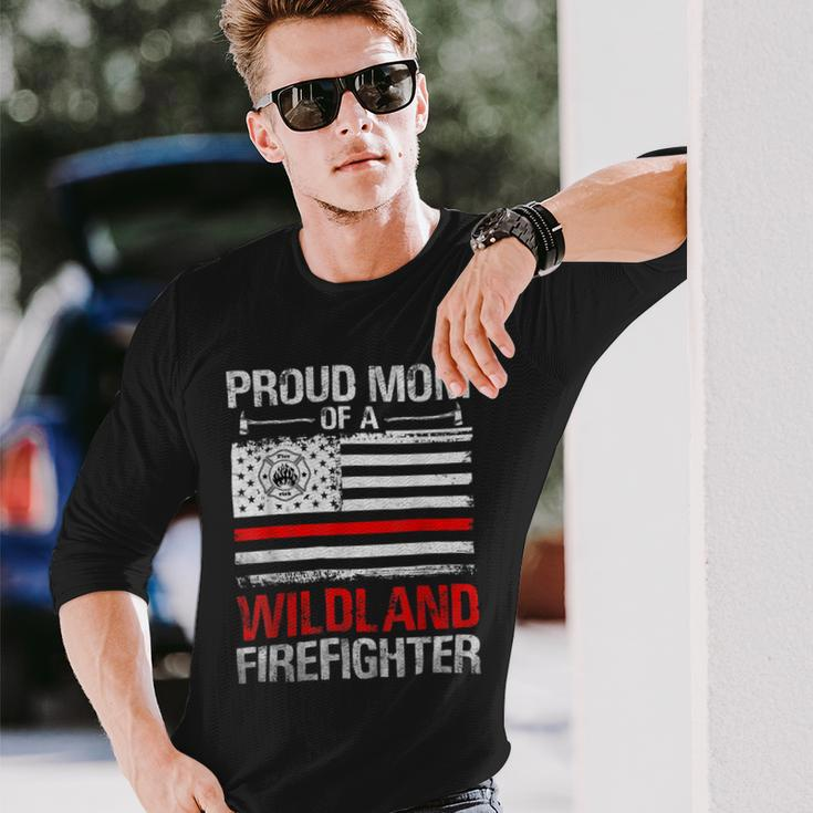Firefighter Red Line Flag Proud Mom Of A Wildland Firefighter Long Sleeve T-Shirt Gifts for Him