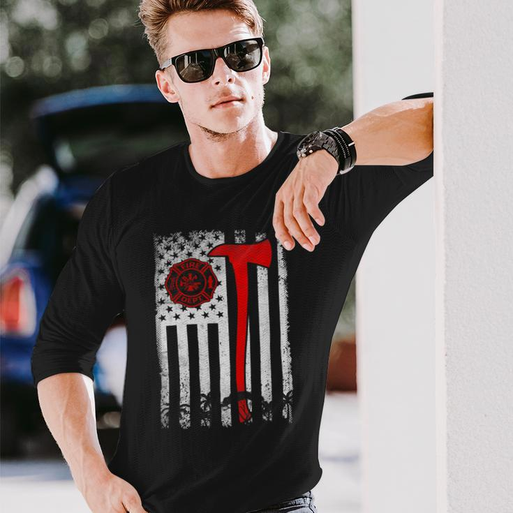 Firefighter Wildland Firefighter Axe American Flag Thin Red Line Fir Long Sleeve T-Shirt Gifts for Him