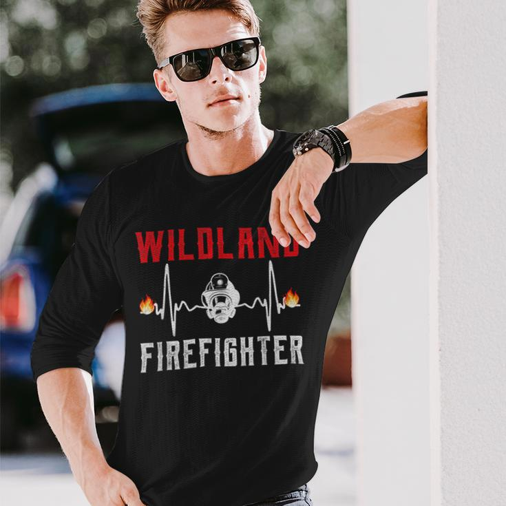 Firefighter Wildland Firefighter Fire Rescue Department Heartbeat Line Long Sleeve T-Shirt Gifts for Him