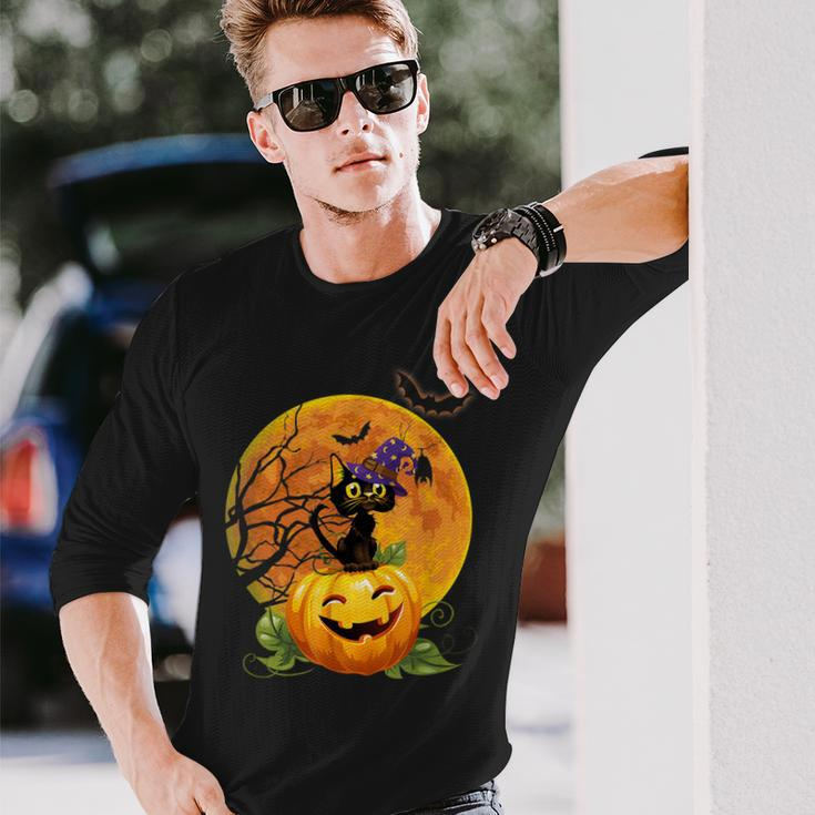 Halloween Cute Witch Cat Mom Pumpkin Moon Spooky Cat Long Sleeve T-Shirt Gifts for Him