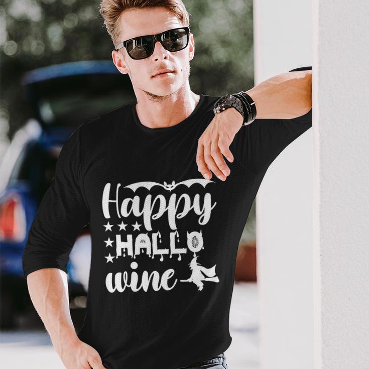 Happy Hallo Wine Cat Halloween Quote Long Sleeve T-Shirt Gifts for Him