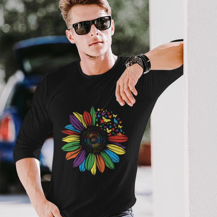 Lgbt Rainbow Color Sunflower Butterfly Pride Month Long Sleeve T-Shirt Gifts for Him