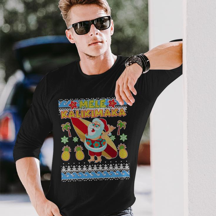 Mele Kalikimaka Santa Ugly Christmas Hawaiian Long Sleeve T-Shirt Gifts for Him