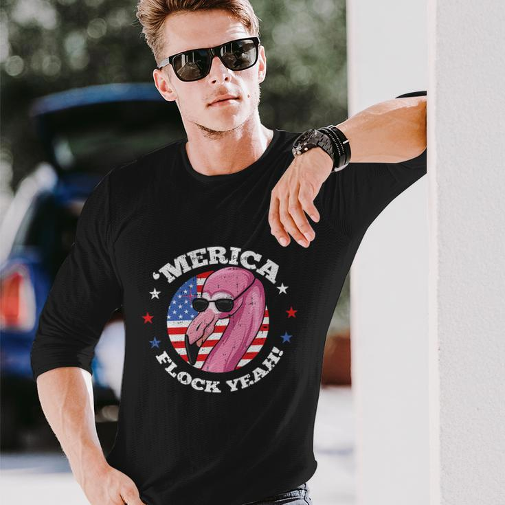 Merica 4Th Of July Flamingo Flock Patriotic American Flag Long Sleeve T-Shirt Gifts for Him
