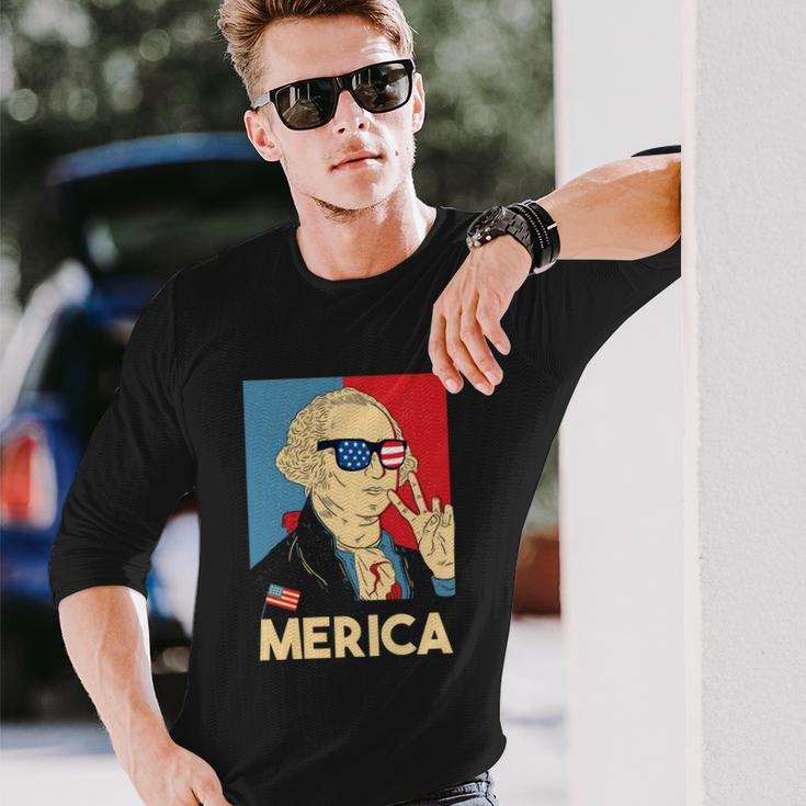 Merica George Washington 4Th Of July Usa Flag American Long Sleeve T-Shirt Gifts for Him