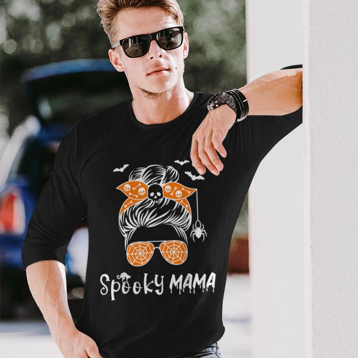 Messy Bun Spooky Mama Mom Halloween Costume Skull V2 Long Sleeve T-Shirt Gifts for Him