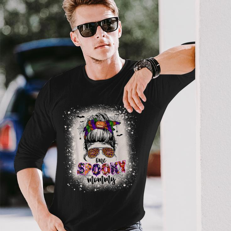 One Spooky Mommy Mama Halloween Mom Life Messy Bun Bleached Long Sleeve T-Shirt Gifts for Him