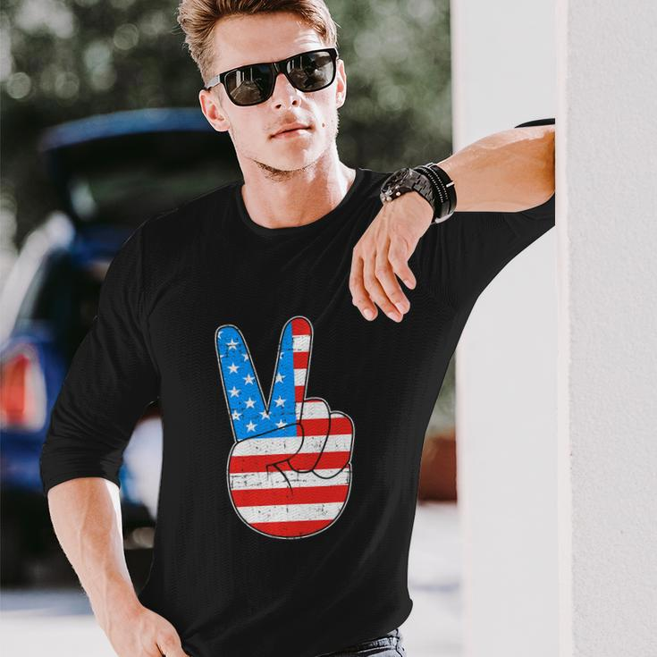 Peace Hand Sign For 4Th Of July American Flag Long Sleeve T-Shirt Gifts for Him