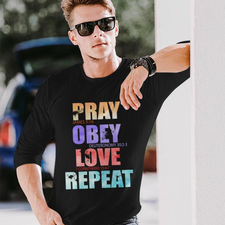 Pray Obey Love Repeat Christian Bible Quote Long Sleeve T-Shirt Gifts for Him