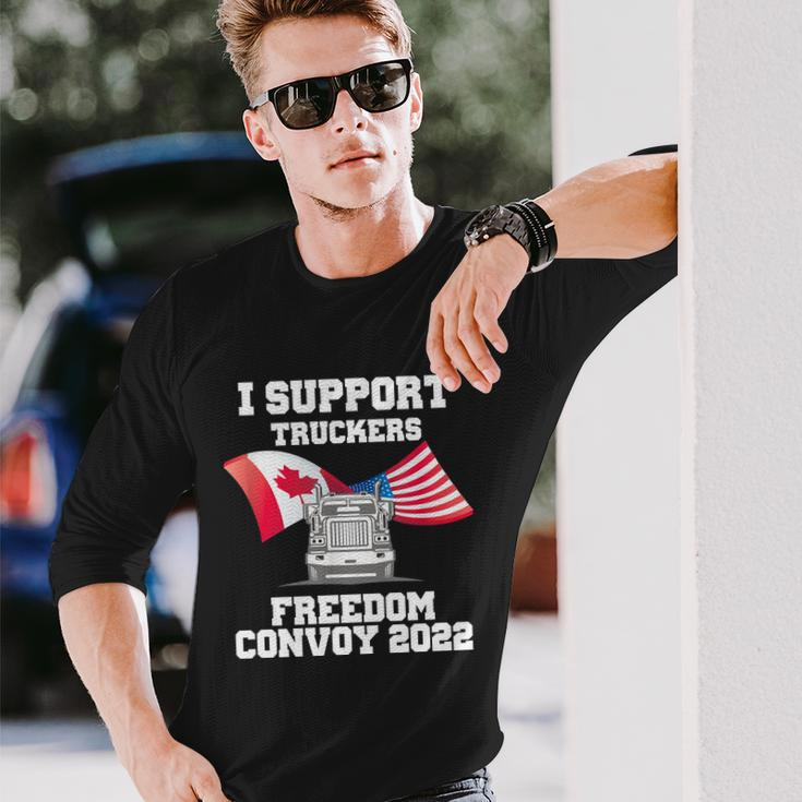 I Support Truckers Freedom Convoy 2022 Usa Canada Flags Long Sleeve T-Shirt Gifts for Him