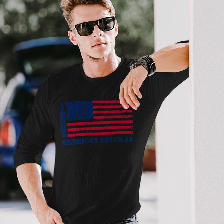 Trucker Truck Driver American Flag With Exhaust American Trucker Long Sleeve T-Shirt Gifts for Him