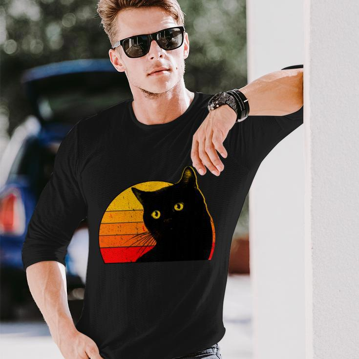 Vintage 80S Style Black Cat Retro Sun Long Sleeve T-Shirt Gifts for Him