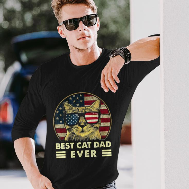 Vintage Best Cat Dad Ever American Flag Us Fathers Day Long Sleeve T-Shirt Gifts for Him