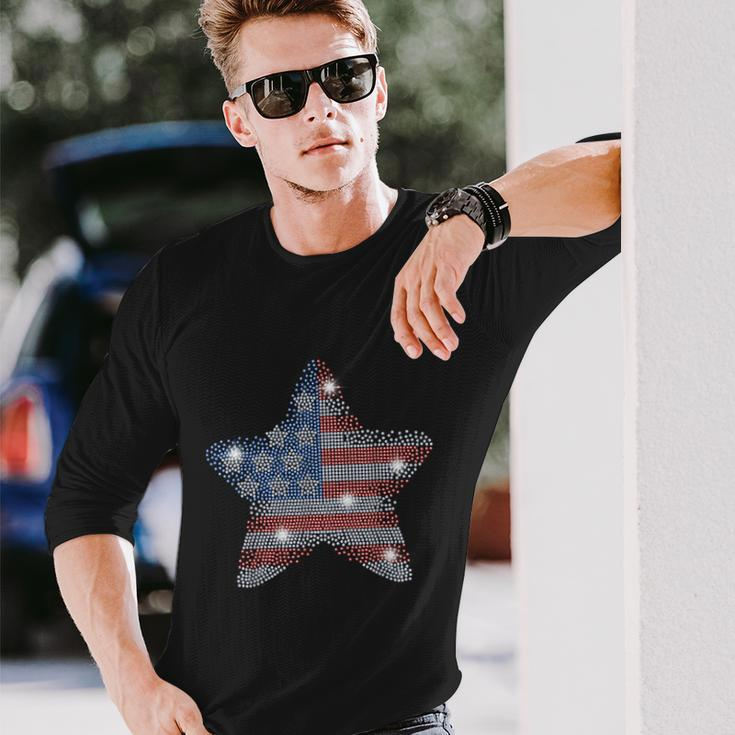 Vintage July 4Th Star Flag American Rhinestone Bling Tee Long Sleeve T-Shirt Gifts for Him
