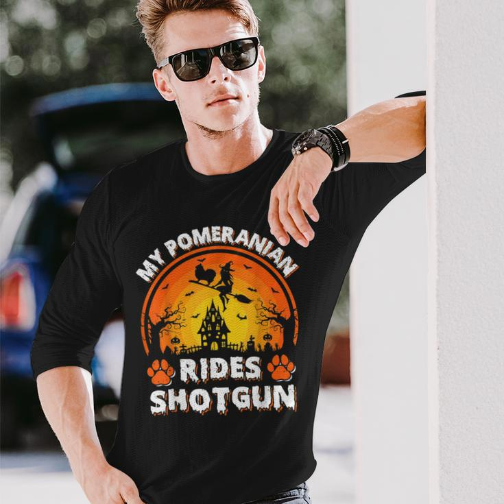 Vintage Retro My Pomeranian Rides Shotgun Halloween Long Sleeve T-Shirt Gifts for Him