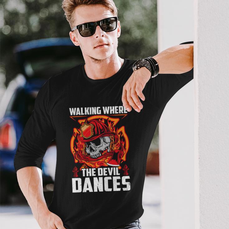 Walking Where The Evil Dances Proud To Be A Firefighter Usa Flag Long Sleeve T-Shirt Gifts for Him