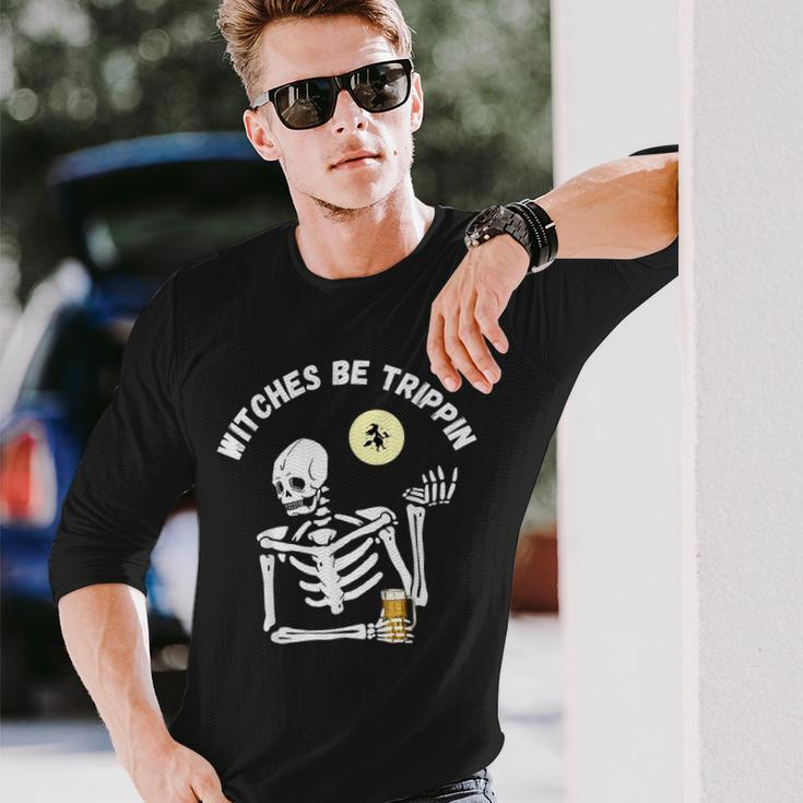 Witches Be Trippin Halloween Skeleton And Witch Pun Long Sleeve T-Shirt Gifts for Him