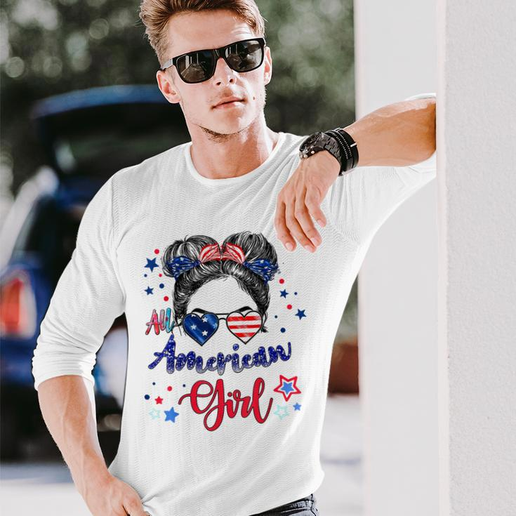 All American Girls 4Th Of July Daughter Messy Bun Usa V7 Long Sleeve T-Shirt Gifts for Him