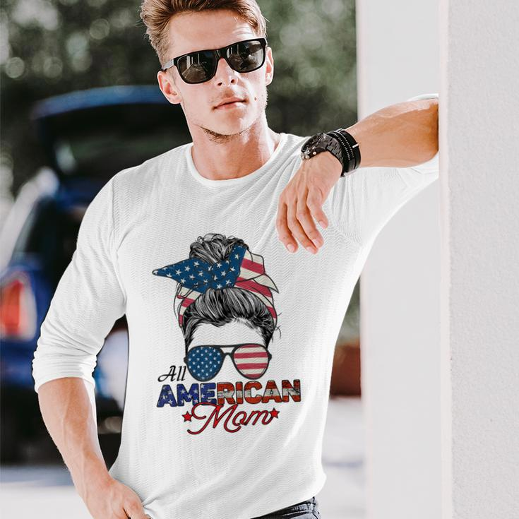 All American Mom 4Th July Messy Bun Us Flag Long Sleeve T-Shirt Gifts for Him