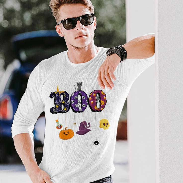 Boo Halloween Costume Spiders Ghosts Pumkin & Witch Hat V2 Long Sleeve T-Shirt Gifts for Him